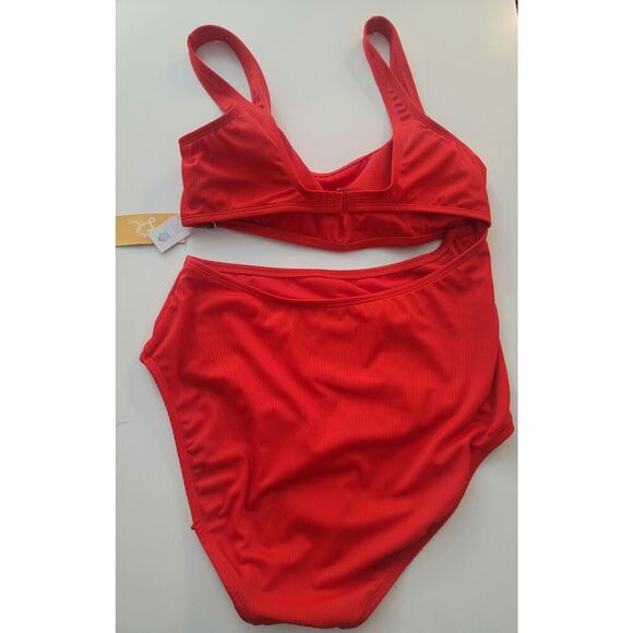 Women's Orange Ribbed Cutout Bikini Set With Bottoms and Scoop Neck Top Size L - Picture 4 of 4